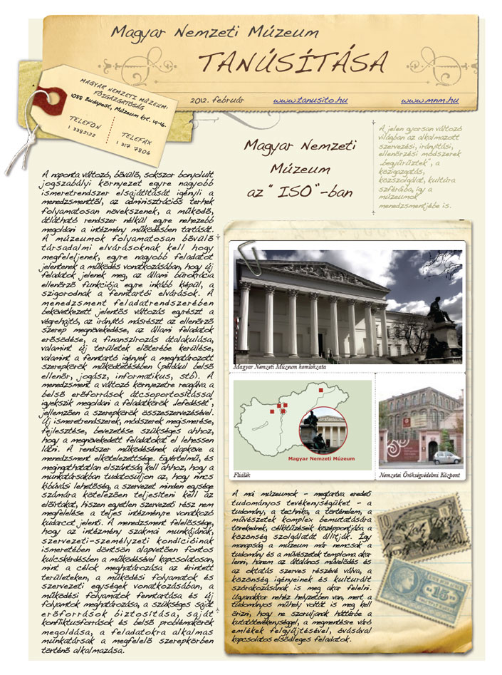 Magyar Nemzeti Múzeum TANÚSÍTÁSA 